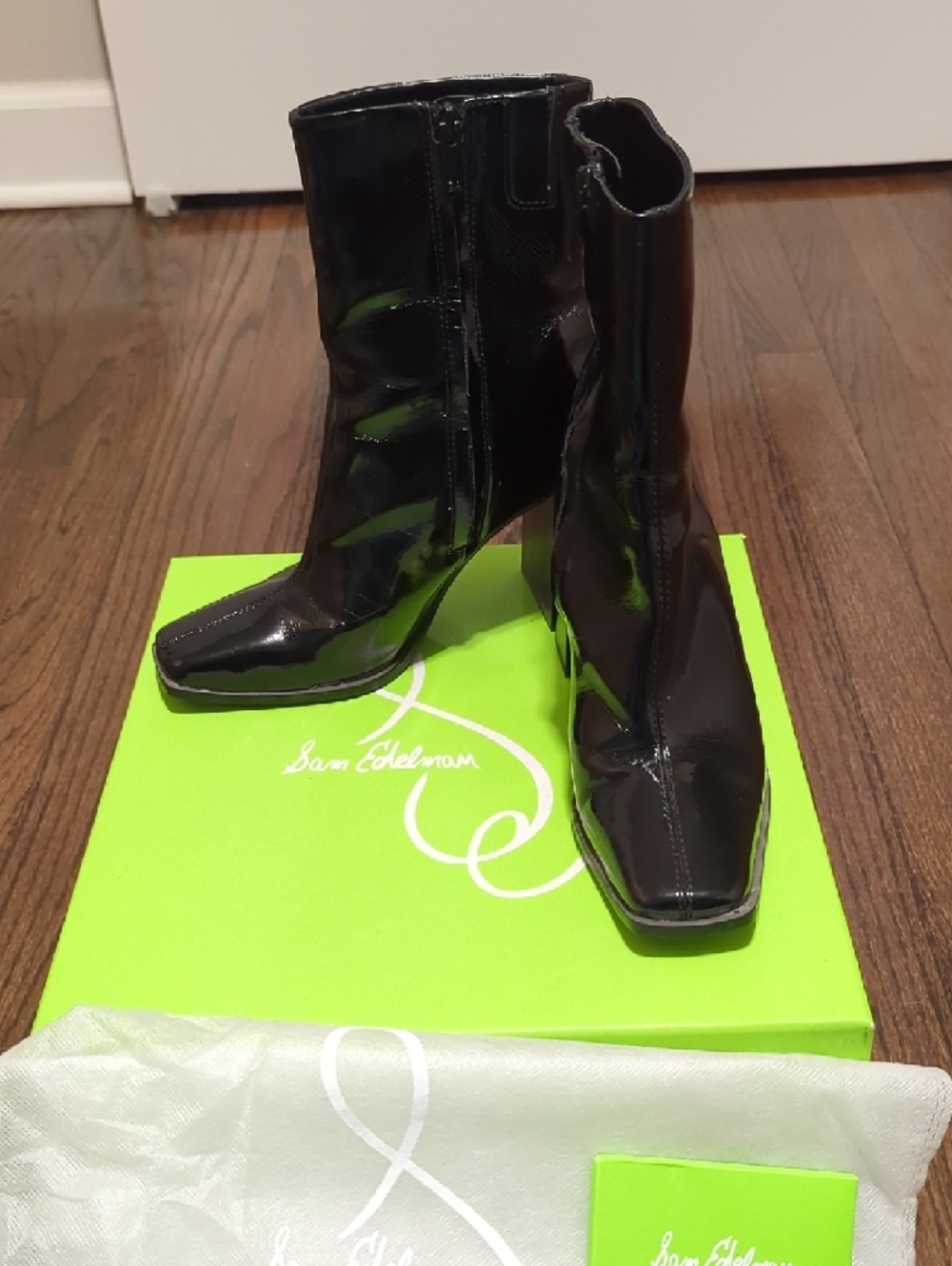 Sam Edelman Ivette Black Patent Square-Toe Block Heel Boots